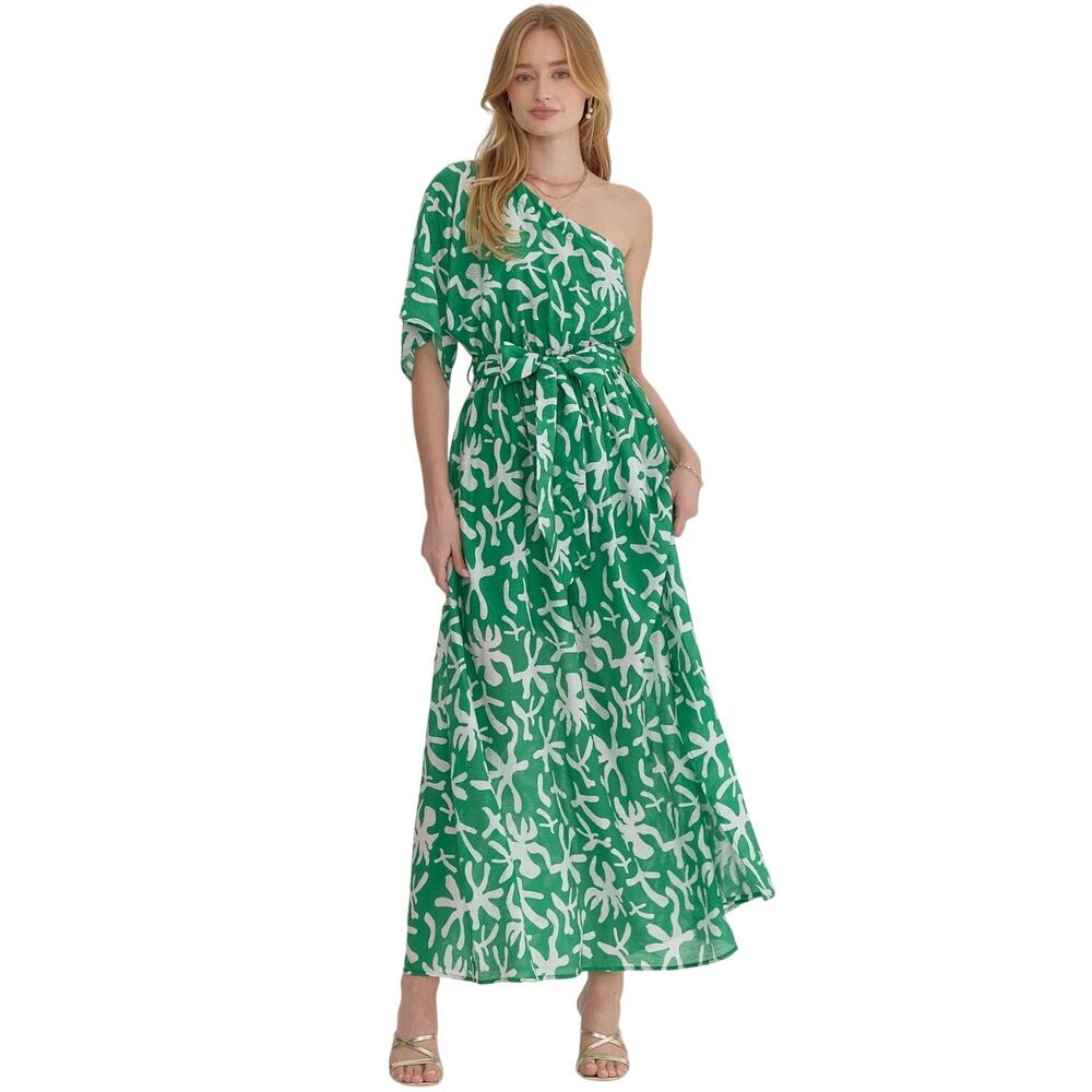 Entro NWT Nina Green One-Shoulder Printed Midi Dress with Slit Sz S
